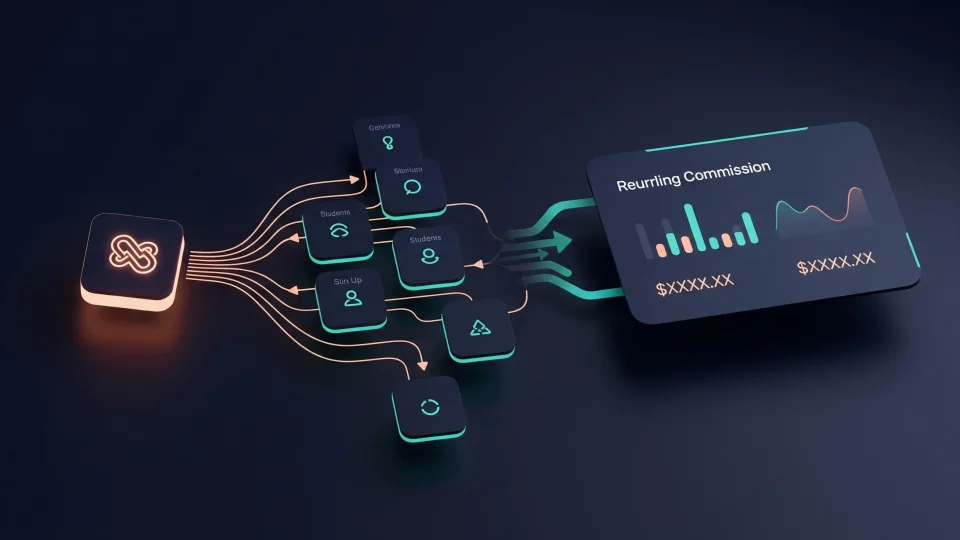 Flow of students and signups feeding into a recurring commissions dashboard