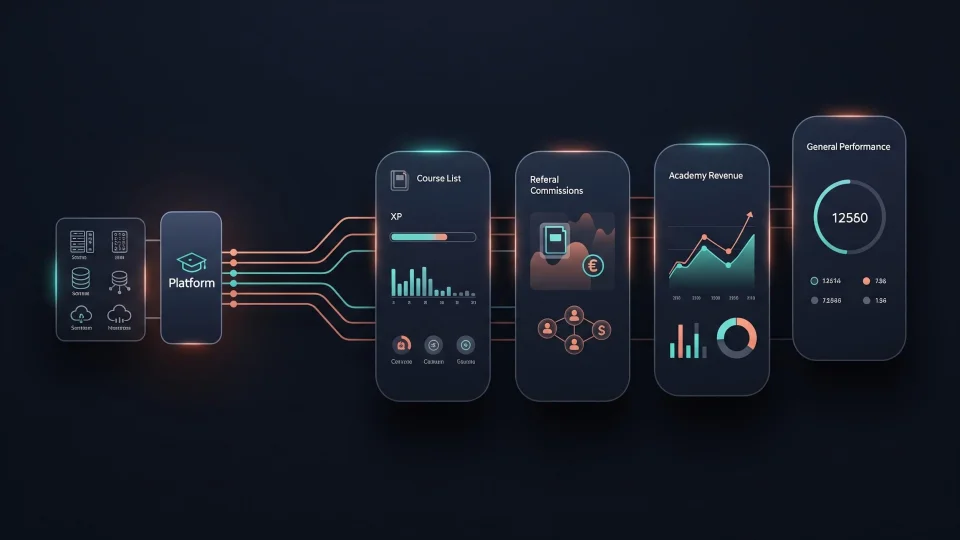 Obvera platform sending XP, commissions, and revenue metrics into four role-based dashboards